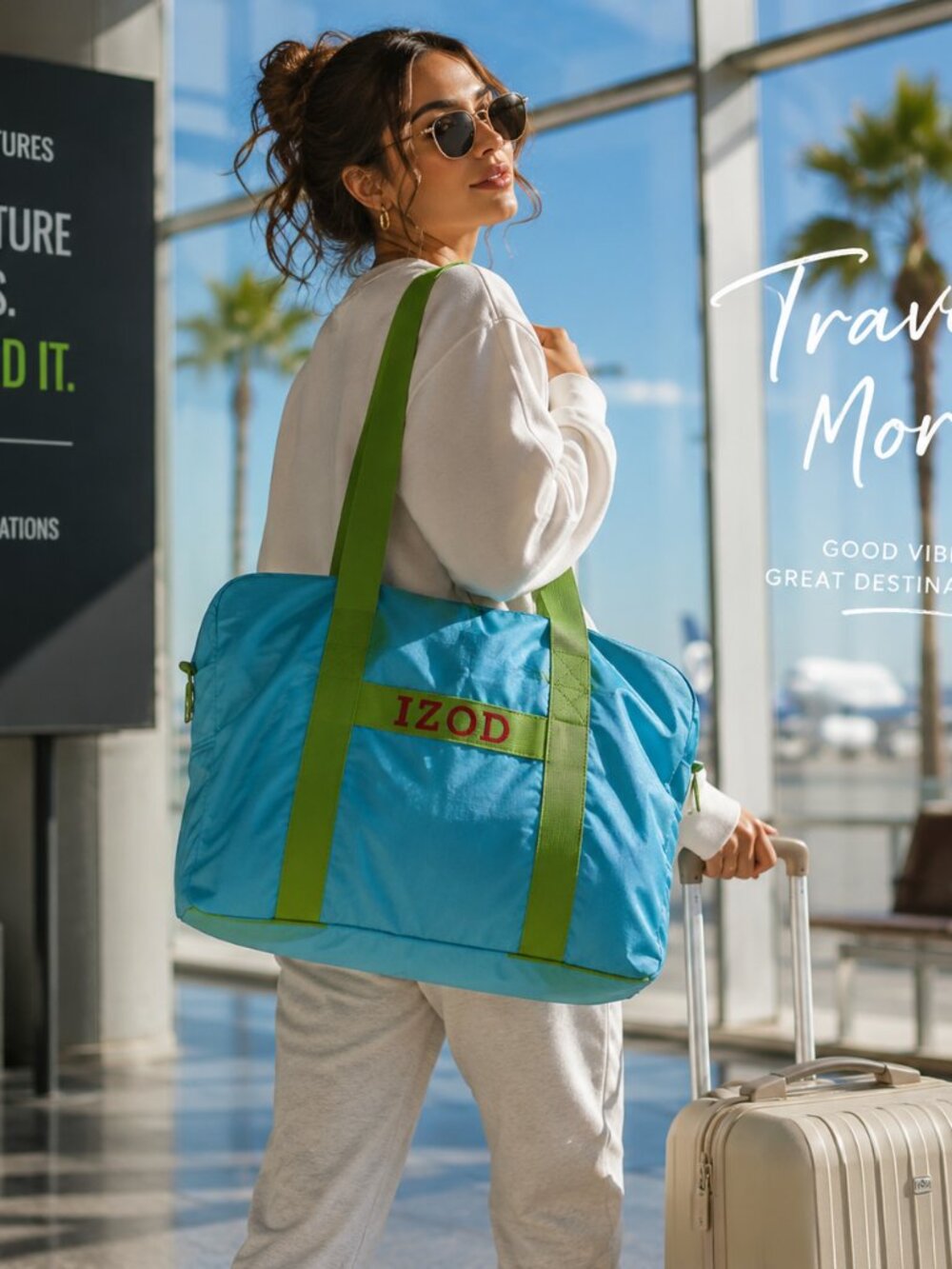 IZOD Packable Duffel Bag NWOT Foldable Travel Tote Blue Green Lightweight Carry
